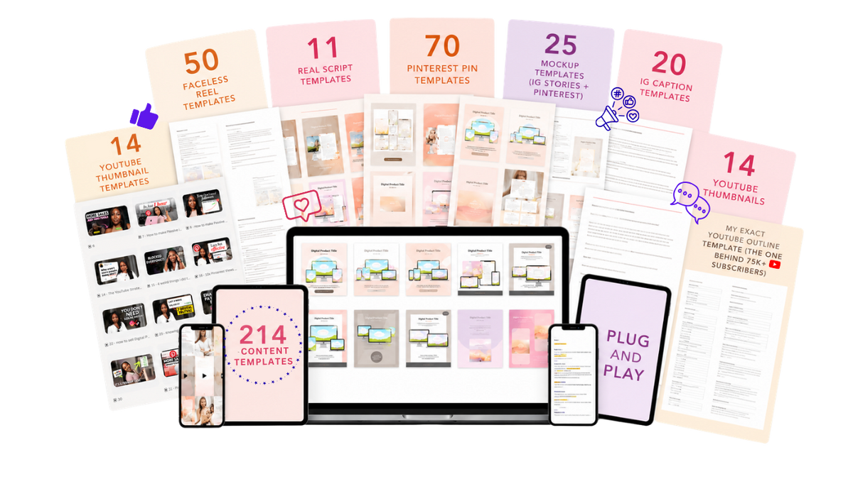 214 Plug-And-Play Content Templates collection shown on laptop, tablet and phones