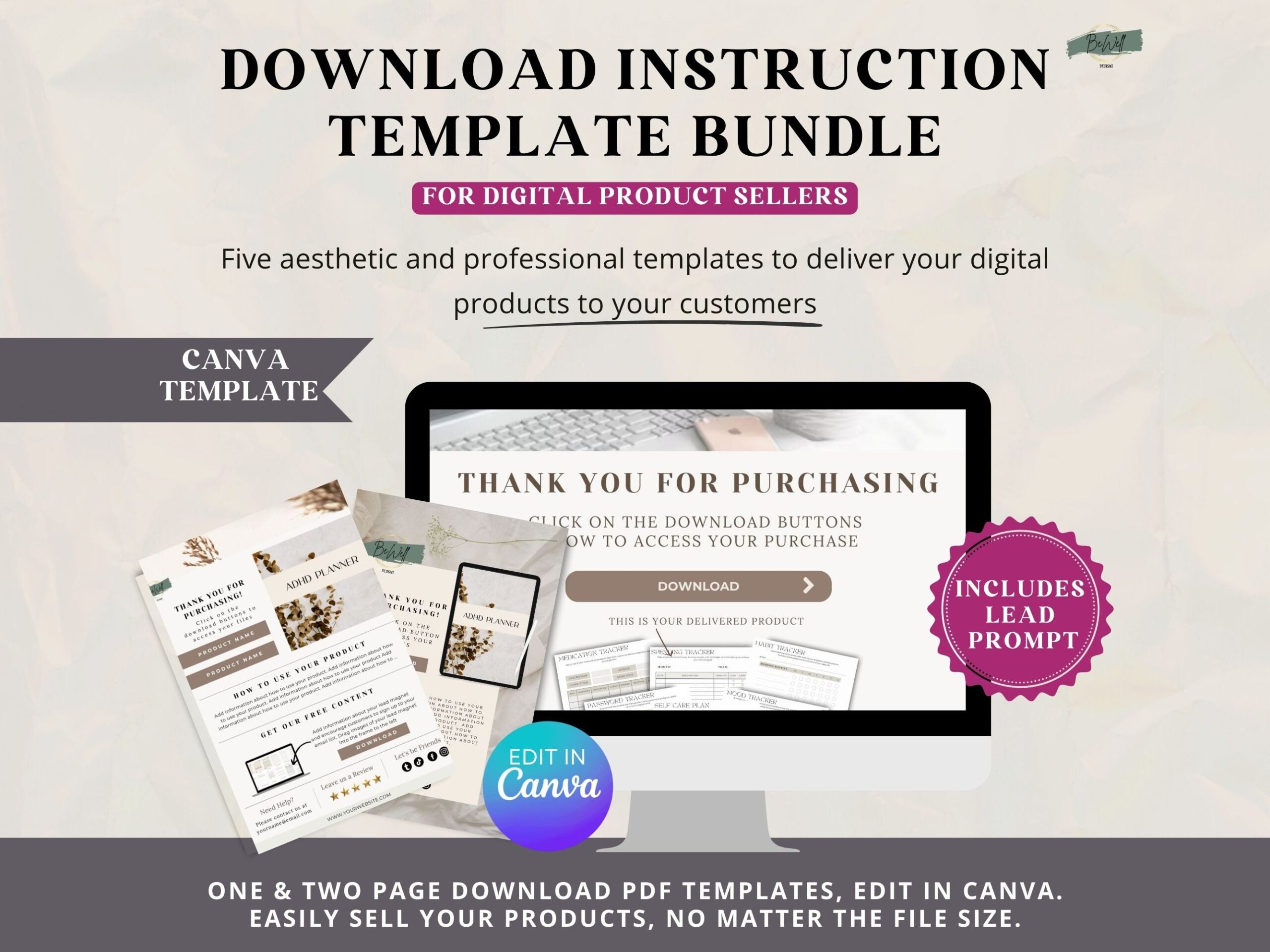 Digital Product Download PDF Template Bewell Design