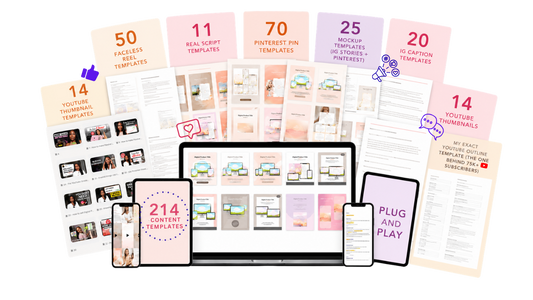 214 Plug-And-Play Content Templates collection shown on laptop, tablet and phones