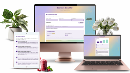 Cashback Calculator shown on a desktop monitor, laptop and tablet, displaying product performance, revenue potential and an action plan.